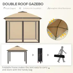 Outsunny 3.3 x 3.3m Pop Up Gazebo, Double Roof Foldable Canopy Tent with Zipped Mesh Sidewalls, Height Adjustable and Carrying Bag, Event Tent for Patio Garden, Beige - 4