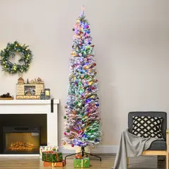 HOMCOM 7.5' Artificial Prelit Christmas Trees Holiday Décor with Colourful LED Lights, Flocked Tips, Berry, Pine Cone - 2