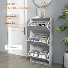 HOMCOM 12-Shoe Flip Drawer Storage Cabinet - Grey Wood-Effect - 4