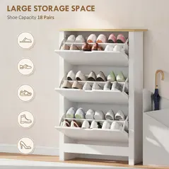 HOMCOM Slim Shoe Cabinet, Narrow Shoe Cupboard with 3 Flip Drawers, Adjustable Shelves for 18 Pairs of Shoes for Hallway, White - 4