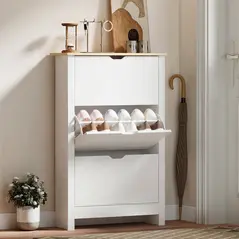 HOMCOM Slim Shoe Cabinet, Narrow Shoe Cupboard with 3 Flip Drawers, Adjustable Shelves for 18 Pairs of Shoes for Hallway, White - 2