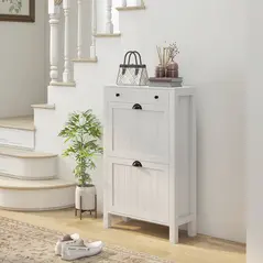 HOMCOM Narrow Shoe Cabinet with 2 Flip Drawers and Adjustable Shelves, White - 2