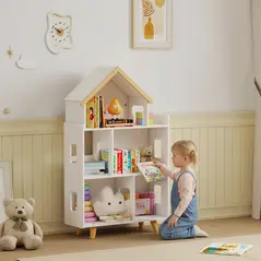 ZONEKIZ Three-Tier Toy Storage Shelf, Kids Bookcase, with Six Cubes, for Playroom, Bedroom - White - 2