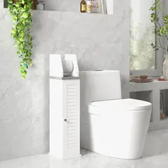 kleankin Slim Bathroom Floor Cabinet with Cupboard, Roll Holder and Adjustable Shelf, Toilet Roll Storage Unit for Toilet Paper, Shampoo, White - 7