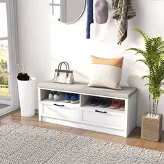HOMCOM Shoe Bench with Removable Cushion, Shoe Storage Bench with Padded Seat, Open Compartments and Drawers for Entryway Hallway - 2