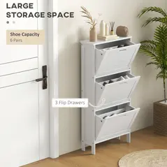 HOMCOM Narrow Shoe Cabinet with 3 Flip Drawers - White - 4