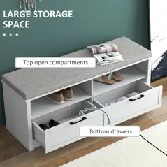 HOMCOM Shoe Bench with Removable Cushion, Shoe Storage Bench with Padded Seat, Open Compartments and Drawers for Entryway Hallway - 4