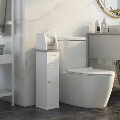 kleankin Slim Bathroom Floor Cabinet with Cupboard, Roll Holder and Adjustable Shelf, Toilet Roll Storage Unit for Toilet Paper, Shampoo, White - 2