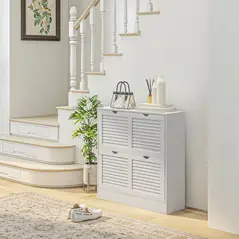 HOMCOM 2 Drawers Entryway Shoe Cabinet, Narrow Shoe Storage Cabinet with 2 Flip Drawers, Louvred Door Design and Adjustable Shelves for 16 Pairs of Shoes, White - 2