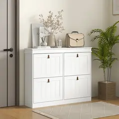HOMCOM Slim Shoe Cabinet, Shoe Cabinet with 4 Drop-Down Drawers, 105W x 24D x 82.5H cm,  White - 2