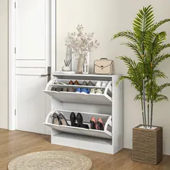 HOMCOM 2 Drawers Entryway Shoe Cabinet, Narrow Shoe Storage Cabinet with 2 Flip Drawers, Louvred Door Design and Adjustable Shelves for 16 Pairs of Shoes, White - 8