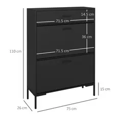HOMCOM Three Drawer Slim Shoe Storage Cabinet, 12 Shoe Pairs - Black - 3