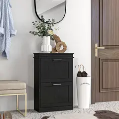 HOMCOM Two-Drawer Minimalistic 10-Shoe Cabinet - Black - 2