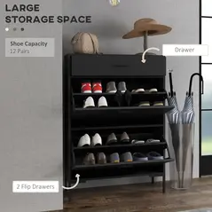 HOMCOM Three Drawer Slim Shoe Storage Cabinet, 12 Shoe Pairs - Black - 4