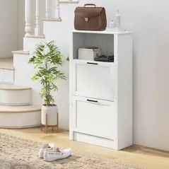 HOMCOM Modern Shoe Cabinet with 2 Flip Drawers and Adjustable Shelves, Narrow Shoe Storage Cabinet with Open Compartment, Holds 10 Pairs for Entryway, Hallway, White - 2