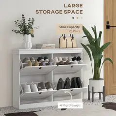 HOMCOM Slim Shoe Cabinet, Shoe Cabinet with 4 Drop-Down Drawers, 105W x 24D x 82.5H cm,  White - 4