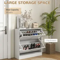 HOMCOM 2 Drawers Entryway Shoe Cabinet, Narrow Shoe Storage Cabinet with 2 Flip Drawers, Louvred Door Design and Adjustable Shelves for 16 Pairs of Shoes, White - 4