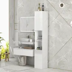 kleankin Freestanding Bathroom Cabinet, High Gloss Storage Cabinet with Doors and Adjustable Shelves, 30 x 30 x 181.5 cm, White - 2