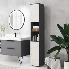 kleankin Line Embossed Tall Bathroom Storage Cabinet with Three-position Adjustable Shelves for Minimalist Style - Grey - 9
