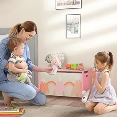 ZONEKIZ Toy Box, Kids Storage Chest, with Lid, Safety Hinge - Pink - 2