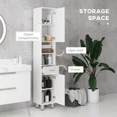 kleankin 71" Tall Slim Bathroom Storage Cabinet, Tall Narrow Cupboard with Drawer, Open Shelves, 2 Doors Cabinets and Adjustable Shelves for Kitchen, Hallway, Living Room, High Gloss White - 4