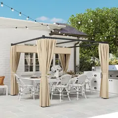 Outsunny 3 x 3(m) Retractable Pergola, Garden Gazebo Shelter with Curtains, for Grill, Patio, Deck, Beige - 8