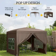 Outsunny 3 x 3 m Pop Up Gazebo, Wedding Party Canopy Tent Marquee with Carry Bag and Windows, Coffee - 4