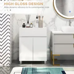 kleankin Freestanding Bathroom Cabinet, High Gloss Storage Cabinet with Doors and Adjustable Shelf, 60 x 30 x 80 cm, White - 4