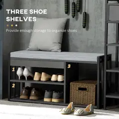 HOMCOM Shoe Storage with Seat, Upholstered Entryway Bench, Shoe Bench with 3 Open Shelves for Hallway, Grey - 4