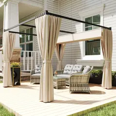 Outsunny 3 x 3(m) Retractable Pergola, Garden Gazebo Shelter with Curtains, for Grill, Patio, Deck, Beige - 2