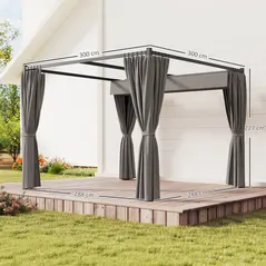 Outsunny 3 x 3m Moving Canopy Metal Pergola, with Curtains - Grey - 3