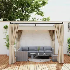 Outsunny 3 x 3(m) Retractable Pergola, Garden Gazebo Shelter with Curtains, for Grill, Patio, Deck, Beige - 9