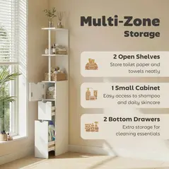 HOMCOM Slim Bathroom Storage Cabinet with Drawers, Tall Bathroom Cupboard with 2-Tier Shelf, White - 5