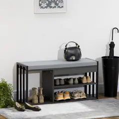 HOMCOM Shoe Storage with Seat, Upholstered Entryway Bench, Shoe Bench with 3 Open Shelves for Hallway, Grey - 2