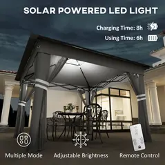 Outsunny 3.36 x 3.36m Pop Up Gazebo Party Tent with Solar-Powered LED Lights, Adjustable Event Shelter with Netting, Grey - 5