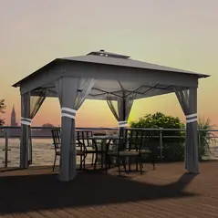 Outsunny 3.36 x 3.36m Pop Up Gazebo Party Tent with Solar-Powered LED Lights, Adjustable Event Shelter with Netting, Grey - 3
