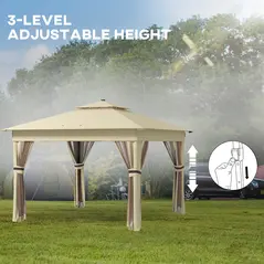 Outsunny 3.36 x 3.36m Pop Up Gazebo Party Tent with Solar-Powered LED Lights, Adjustable Event Shelter with Netting, Khaki - 7