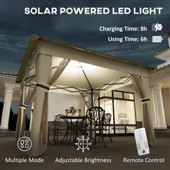 Outsunny 3.36 x 3.36m Pop Up Gazebo Party Tent with Solar-Powered LED Lights, Adjustable Event Shelter with Netting, Khaki - 4