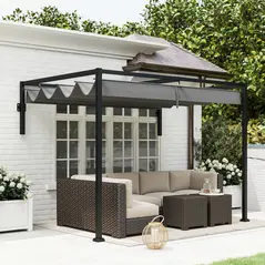 Outsunny 2 x 3(m) Lean To Steel Pergola, with Moving Fabric Canopy - Dark Grey - 9