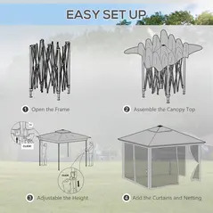 Outsunny 3.36 x 3.36m Pop Up Gazebo Party Tent with Solar-Powered LED Lights, Adjustable Event Shelter with Netting, Grey - 7