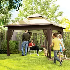 Outsunny 3 x 3(m) Pop Up Gazebo with Mosquito Netting, 1 Person Easy up Marquee Party Tent with 1-Button Push, Double Roof, Carry Bag, Sandbags, Height Adjustable Instant Shelter, Khaki - 2