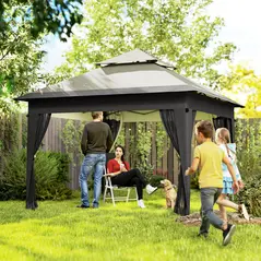 Outsunny 3 x 3(m) Pop Up Gazebo with Mosquito Netting, 1 Person Easy up Marquee Party Tent with 1-Button Push, Double Roof, Carry Bag, Sandbags, Height Adjustable Instant Shelter, Grey - 2