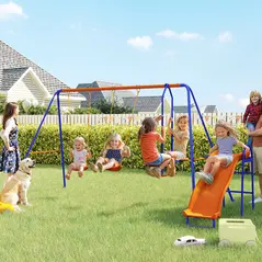 Outsunny Four-In-One Metal Garden Swing Set, with Double Swings, Glider, Slider, Ladder - Orange and Blue - 2