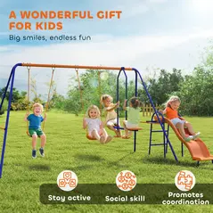 Outsunny Four-In-One Metal Garden Swing Set, with Double Swings, Glider, Slider, Ladder - Orange and Blue - 8