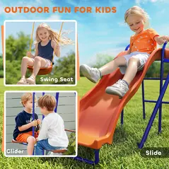 Outsunny Four-In-One Metal Garden Swing Set, with Double Swings, Glider, Slider, Ladder - Orange and Blue - 4