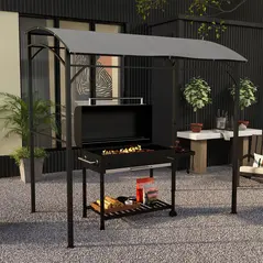 Outsunny 2.2 x 1.5 m BBQ Grill Gazebo Tent, Garden Grill with Metal Frame, Curved Canopy and 10 Hooks, Outdoor Sun Shade, Grey - 2