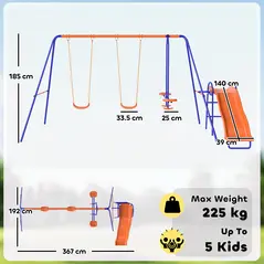 Outsunny Four-In-One Metal Garden Swing Set, with Double Swings, Glider, Slider, Ladder - Orange and Blue - 3