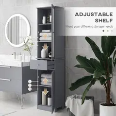 kleankin Bathroom Storage Cabinet with 3-tier Shelf Drawer Door, Floor Cabinet Free Standing Tall Slim Side Organizer Shelves, Grey - 6
