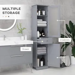 kleankin Bathroom Storage Cabinet with 3-tier Shelf Drawer Door, Floor Cabinet Free Standing Tall Slim Side Organizer Shelves, Grey - 4