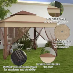 Outsunny 3 x 3(m) Pop Up Gazebo, Double-roof Garden Tent with Netting and Carry Bag, Party Event Shelter for Outdoor Patio, Khaki - 8